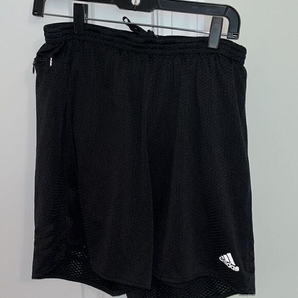 black adidas mesh lined running marathon 7” workout zip pocket shorts L 3 stripe - Picture 1 of 4